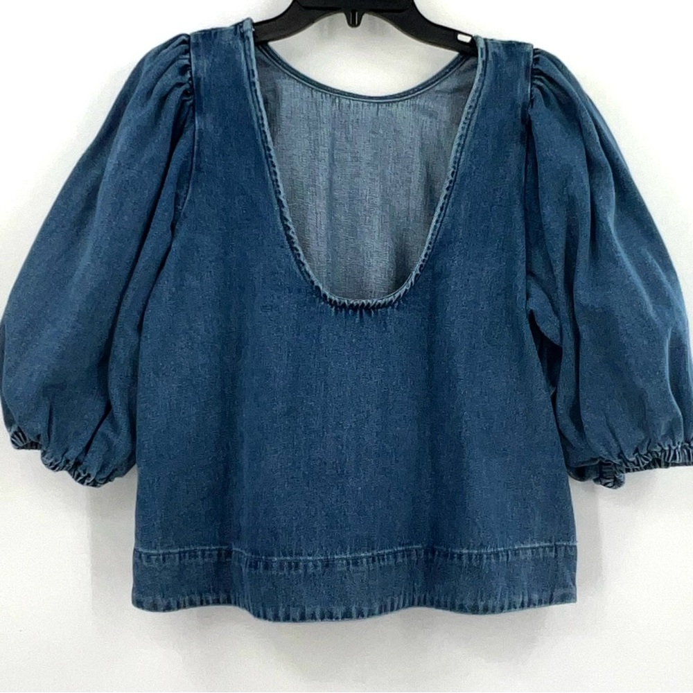 Zara Denim Blue Puff Sleeve Blouse